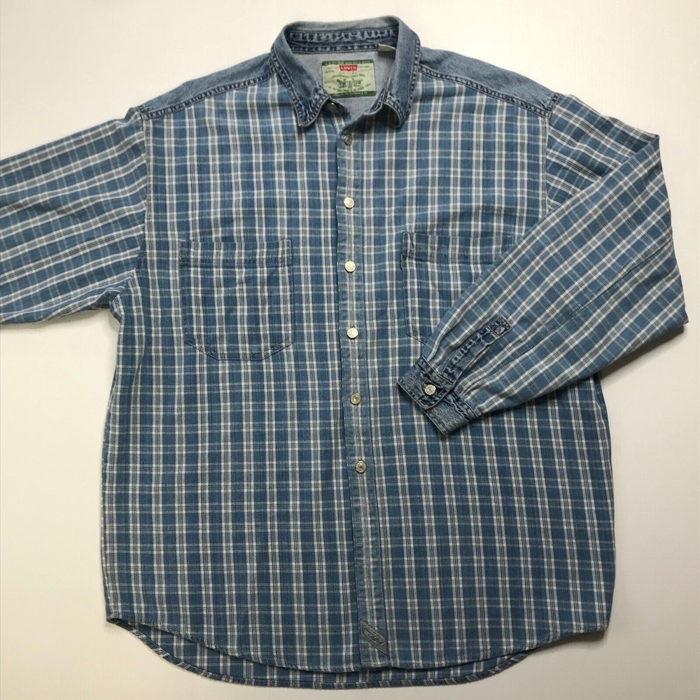 Levi's Green Label Metal Button Up Shirt Long Sleeve Checked Denim Blue Mens XL